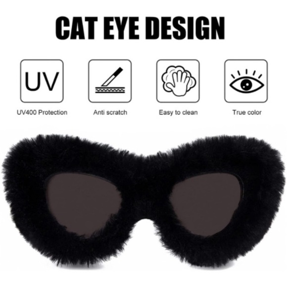 Plush Fuzzy Black Cat Eye Sunglasses Punk Soft Velvet Shades Trendy *NEW*